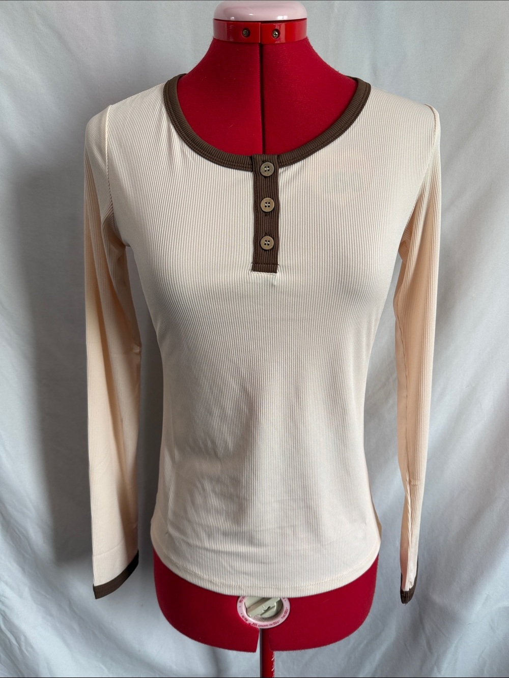 Cream Long-Sleeve Ribbed Henley Top with Brown Trim